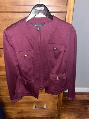 White House Black Market Burgundy Collarless Zip Jacket with Gold Buttons